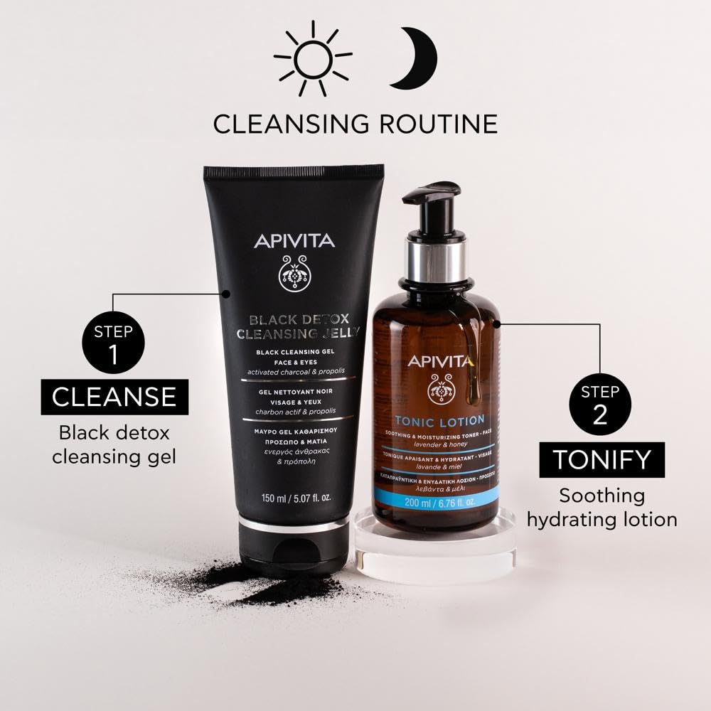 Apivita Black Detox Cleansing Jelly face & eyes 150ml - Facial Cleanser & Make up Remover - Natural Face Wash with Activated Charcoal & Propolis - Attracts Pollutants like Magnet, Leaves Skin Fresh