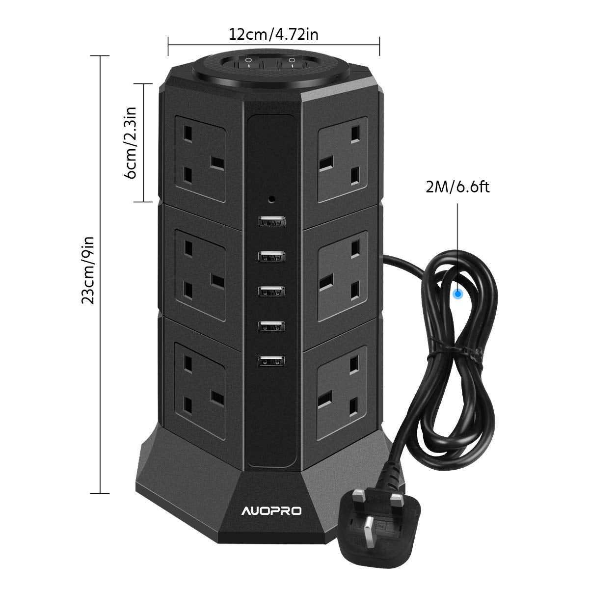 AUOPRO Surge Protector Extension Lead with USB Slots, Vertical Tower Power Strip Switched Desktop Charging Station, 12 Socket and 5 USB Slots, 2 Metre Extension Cable