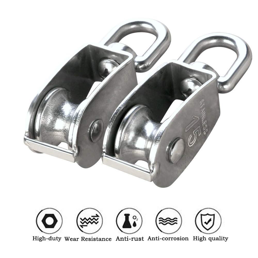 12Pcs Single Pulley Block (M15), MERYSAN 304 Stainless Steel Hanging Wire Towing Wheel, Swivel Lifting Wire Rope Cable Pulley Roller, Max-load 35kg/77lbs 12pcs