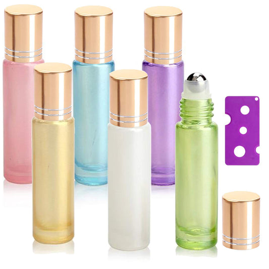 Yalbdopo 6Pcs, 10ml Essential Oil Roller Bottles Refillable Glass Roll on Bottles with Stainless Steel Roller Ball & Gold Lids & Bottle Opener, Perfect for Aromatherapy, Essential Oils, Fragrance