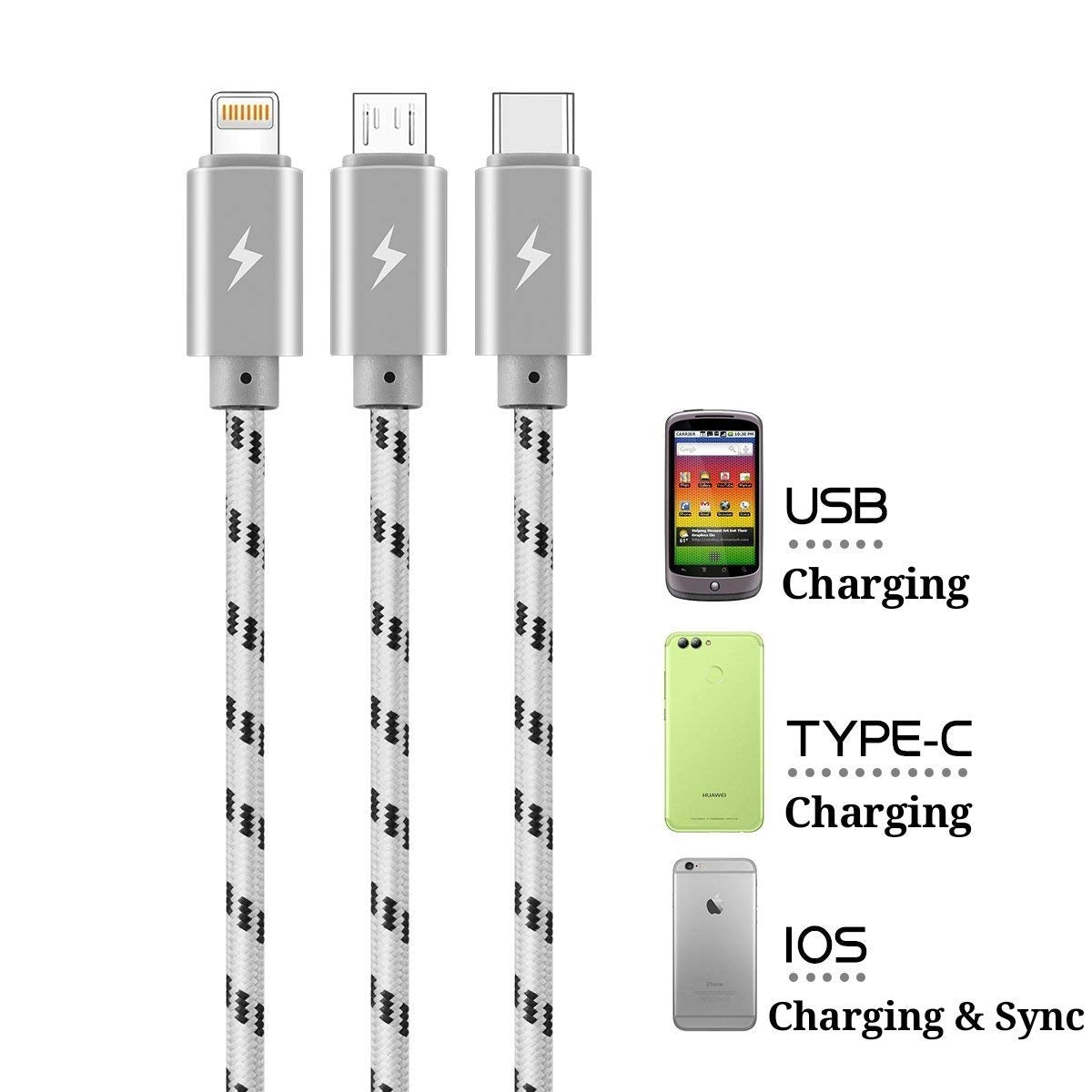 ASICEN Multi Charger Cable [3M], Long 3 in 1 Charging Cable, 3A Phone Charger Cable, Multiple USB Cable with IP/Type C/Micro USB for iPhone 16/15/14/13/Galaxy S23/S22/S21/Pixel/LG/Tablets/PS Gray