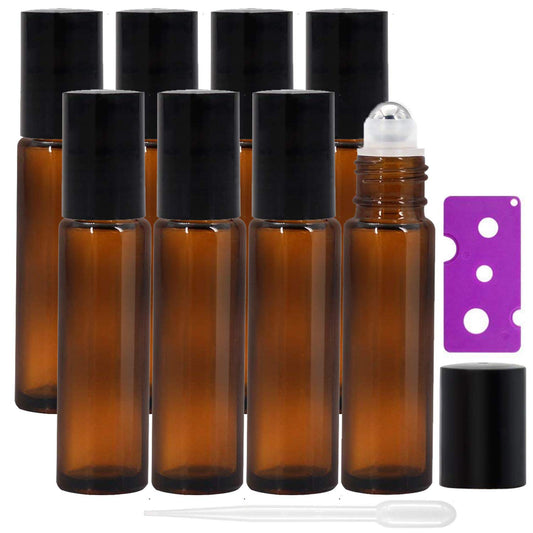 Alledomain 8Pcs 10ml Essential Oils Roller Bottles, Refillable Amber Glass Roll on Bottles with Stainless Steel Balls, Includes 12 Pcs Labels, 1 Dropper & Opener, Perfect for Aromatherapy