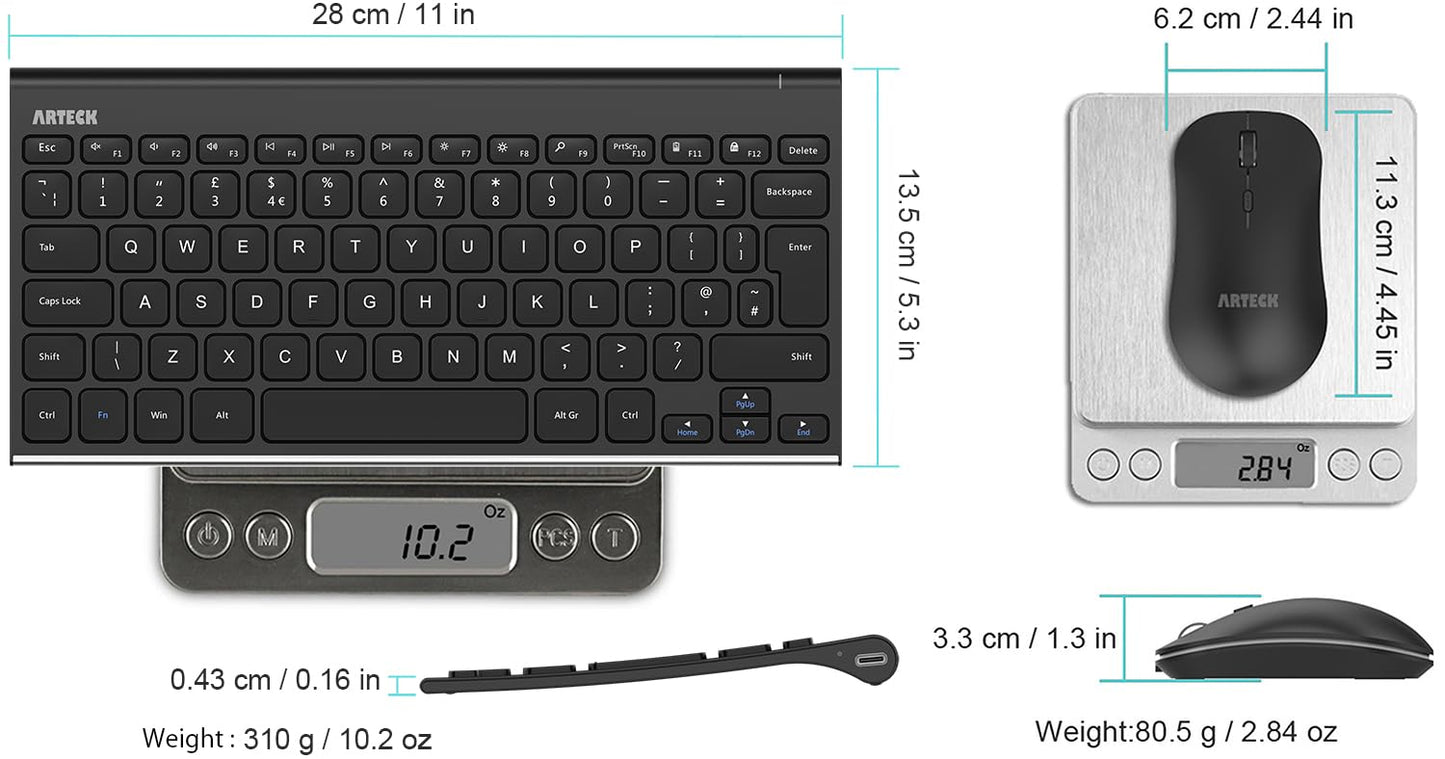 Arteck 2.4G Wireless Keyboard and Mouse Combo QWERTY UK Layout Compact Stainless Full Size Keyboard and Ergonomic Mouse for Computer/Desktop/PC/Laptop and Windows 10/8/7 Build in Rechargeable Battery