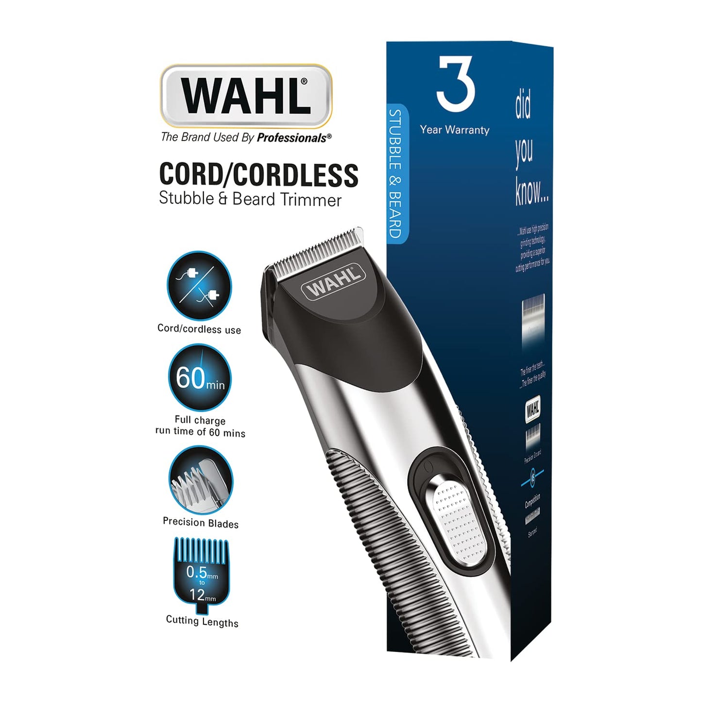 Wahl Cord/Cordless Beard & Stubble Trimmer, Beard Trimmer for Men, Men’s Cordless Hair Trimmers, Stubble Trimmers, Male Grooming Set, for Trimming Beards, Stubble and Hairlines, Beard Care Kit Single