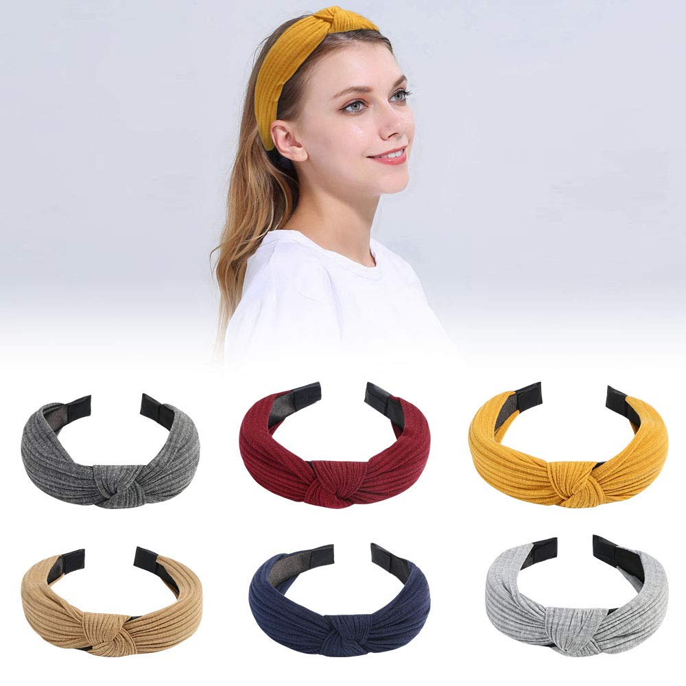 URAQT Headbands, 6 Packs Fabric Hair Band, Wide Plain Elastic Head Wrap Cute Knot Accessories for Women and Girls A-6 Pack