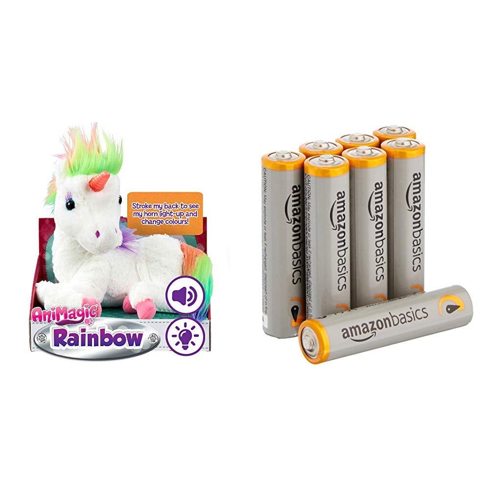 Animagic Rainbow - My Glowing Unicorn, a Soft Unicorn Plush Toy with Glowing Horn and Unicorn Sounds & Amazon Basics AAA Performance Alkaline Batteries [Pack of 8] - Packaging May Vary With additional AmazonBasics batteries