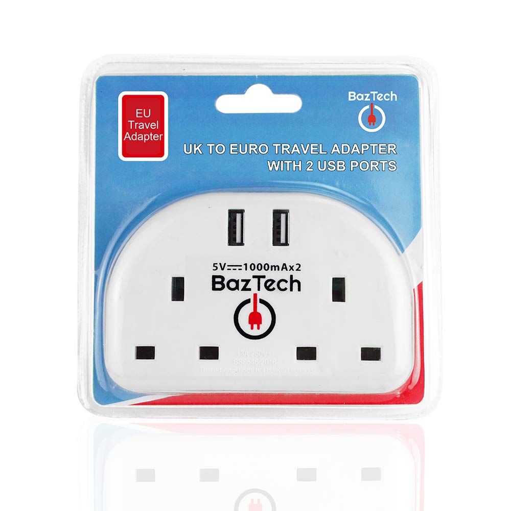 UK to European Plug Adapter with 2 USB, Travel Adapter Plug UK to EU Europe, Euro Schuko Grounded Charger for Germany France Spain Turkey Greece Italy, Type E/F Plug Adaptor