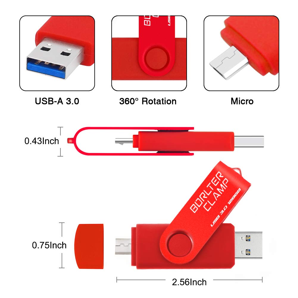 128GB Dual USB 3.0 Flash Drive OTG Memory Stick, Pendrive with microUSB Drive for Android Phone, Tablet and Computer (Red) 128GB Red