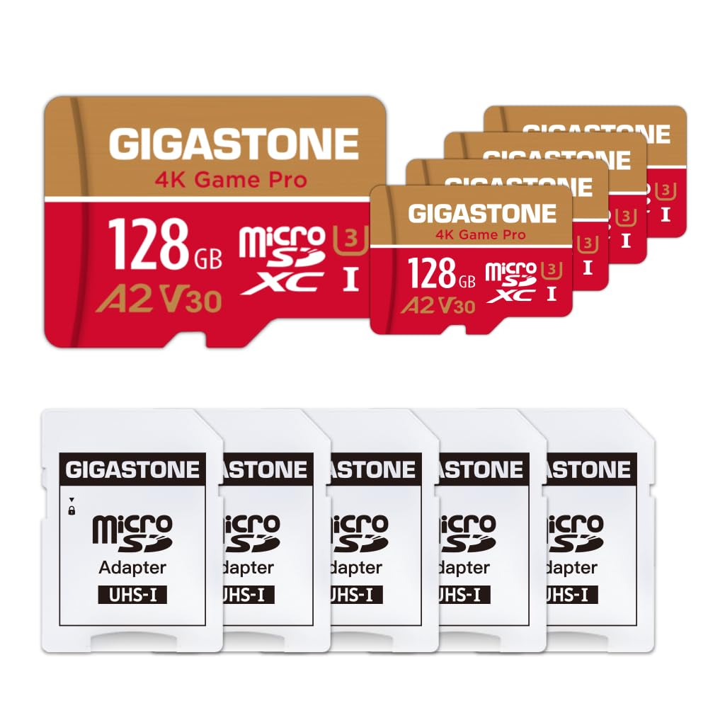 [5-Yrs Free Data Recovery] Gigastone 128GB 5-Pack Micro SD Card, 4K Game Pro, MicroSDXC Memory Card for Nintendo-Switch, GoPro, Action Camera, DJI, UHD Video, R/W up to 100/50MB/s, UHS-I U3 A2 V30 C10