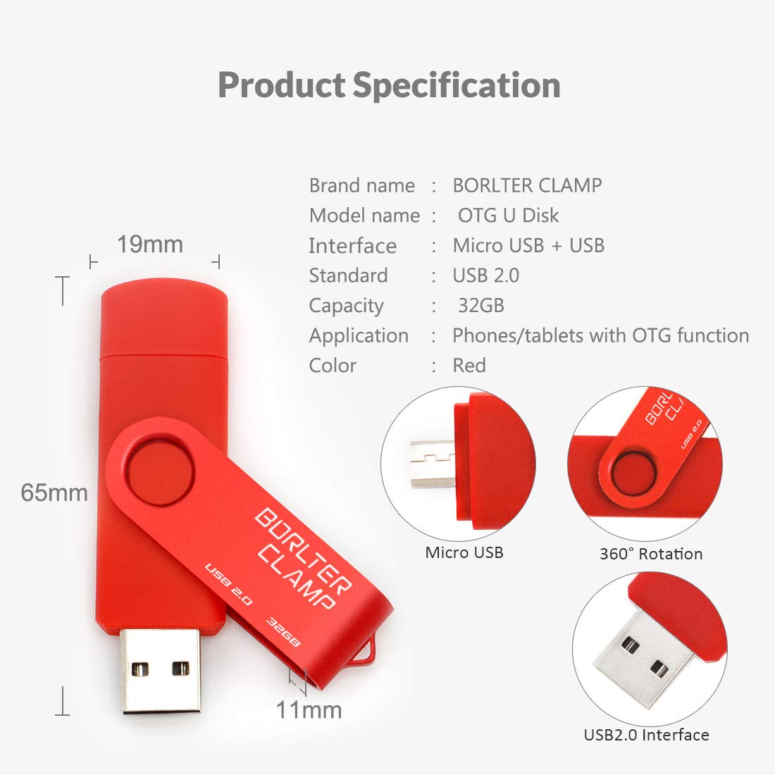 32GB OTG Memory Stick Dual USB Flash Drive, Thumb Drive with Micro USB Drive Port for Android Smartphone Tablet & Computer (Red) 32GB Red