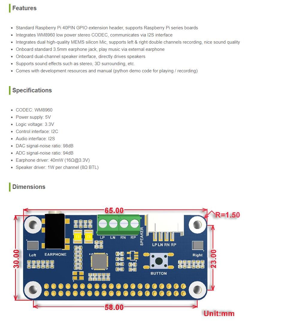 Waveshare WM8960 Audio Hi-Fi Sound Card HAT for Raspberry Pi Stereo CODEC Play Record I2S Interface