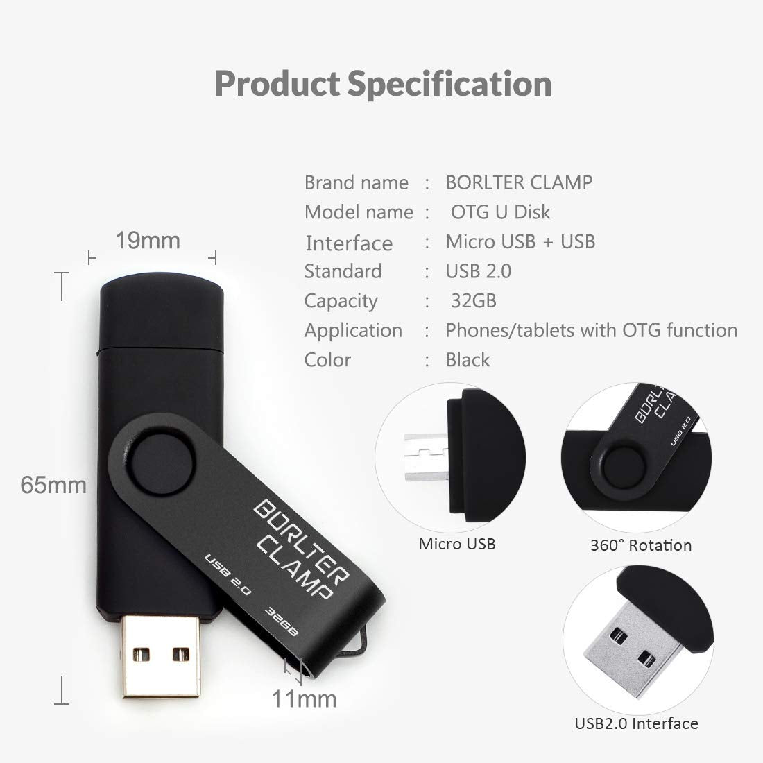 32GB OTG Memory Stick Dual USB Flash Drive, Thumb Drive with Micro USB Drive Port for Android Smartphone Tablet & Computer (Black) 32GB Black