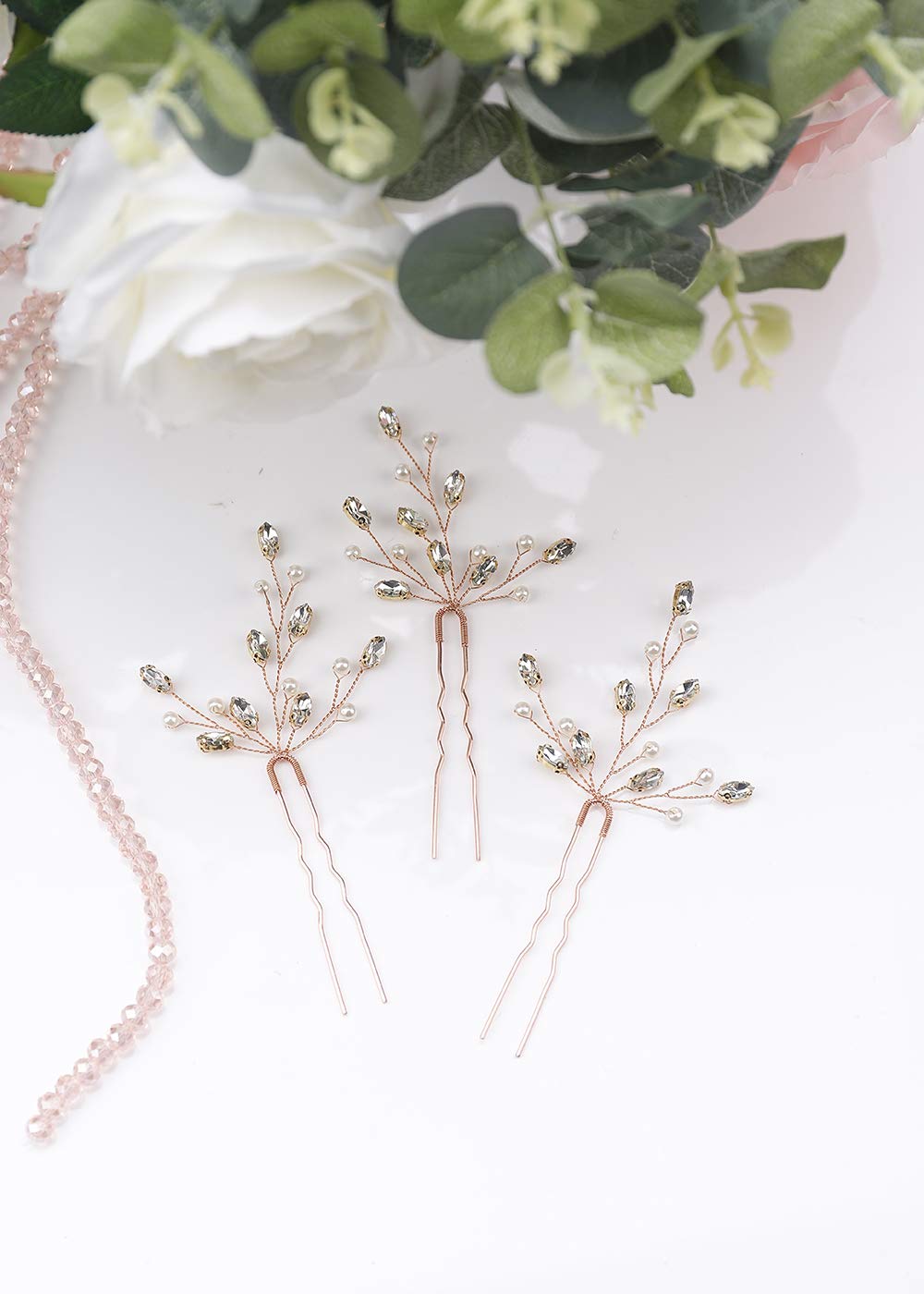 Anglacesmade Bridal Wedding Hair Pins Rose Gold Crystal Hair Piece Pearl Bobby Pins Rhinestone Bridesmaids Hair Pin Wedding Hair Pins Hair Accessories for Women and Bride(Rose gold)