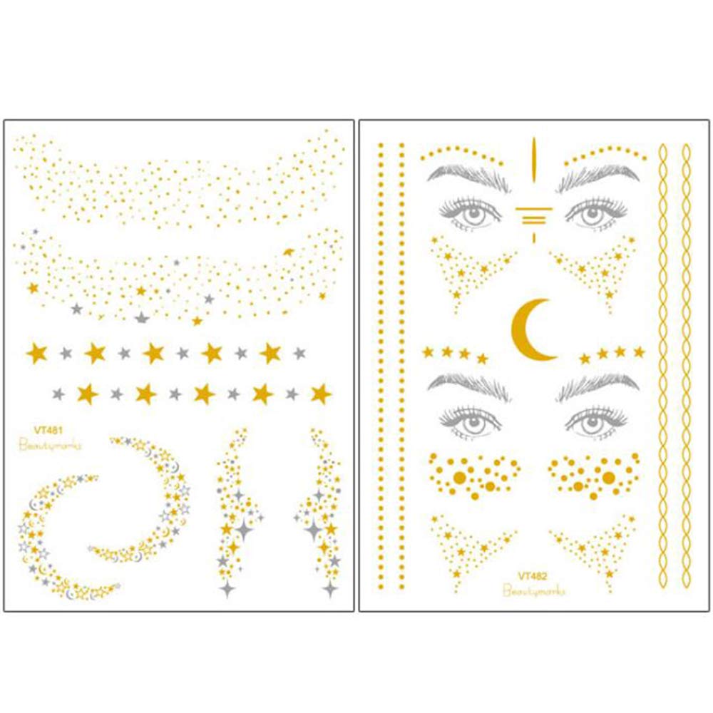 Xinlie 2 Pieces Tattoo Stickers Metallic Flash Tattoos Face Tattoo Face Sticker Face Stickers for Holiday Girls and Young Women for Eyes Face Party Festival Shows Gold (2 Pieces)