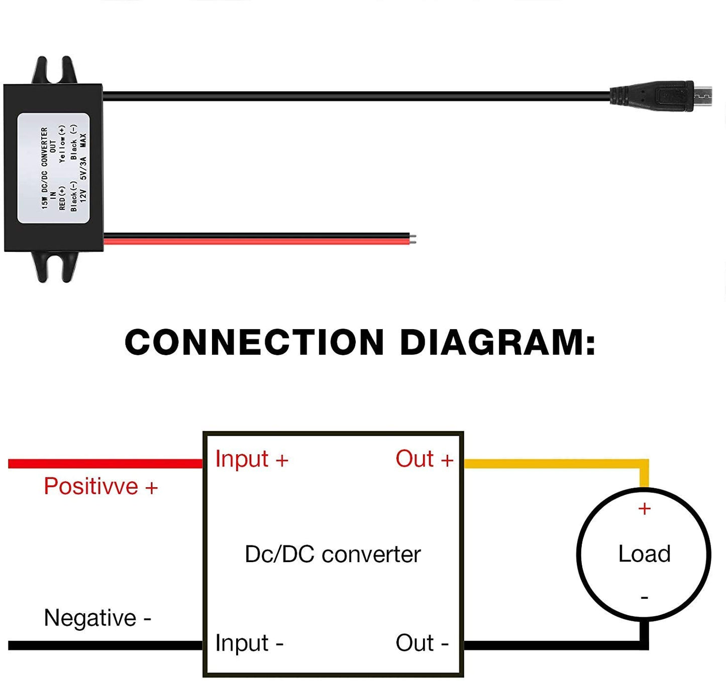 Ytesky 12V to 5V USB Converter DC-DC Step Down Adapter 12V to USB 5V 3A Converter Regulator Cable Wires Car LED Display Power Supply Inventor Buck Converter Step Down Module Transformer Adapter