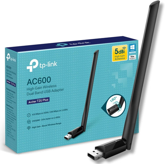 TP-Link AC600 High Gain USB Wi-Fi Dongle, Dual Band Wi-Fi Adapter with 5dBi Antenna for PC/Desktop/Laptop, Supports Windows11/10/8.1/8/7/XP, Mac OS X 10.9-10.14 (Archer T2U Plus)