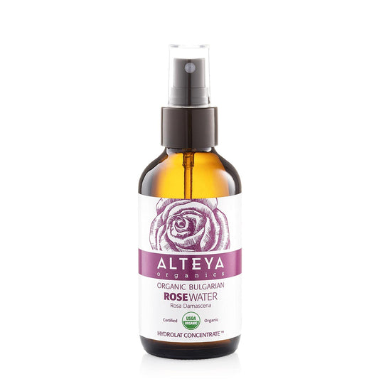 Alteya Organic Rose Water Spray 120ml Glass - Pure Organic Rosa Damascena (Damask Rose) Hydrolat - USDA Certified Organic - Face Toner, Revitalizing Body, Condition Hair & Scalp 120 ml (Pack of 1)