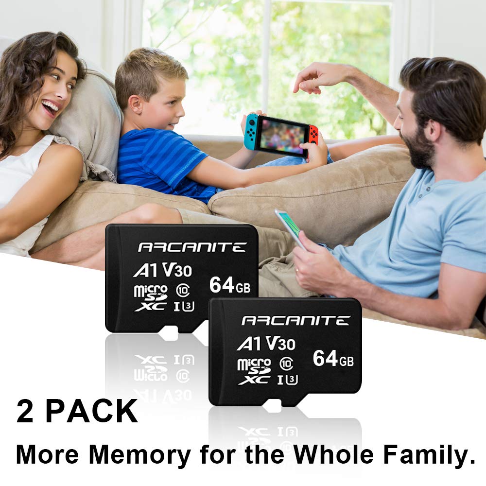 ARCANITE 2-Pack 64GB microSDXC Memory Card - A1, UHS-I U3, V30, 4K, C10, MicroSD, Optimal read speeds up to 90 MB/s