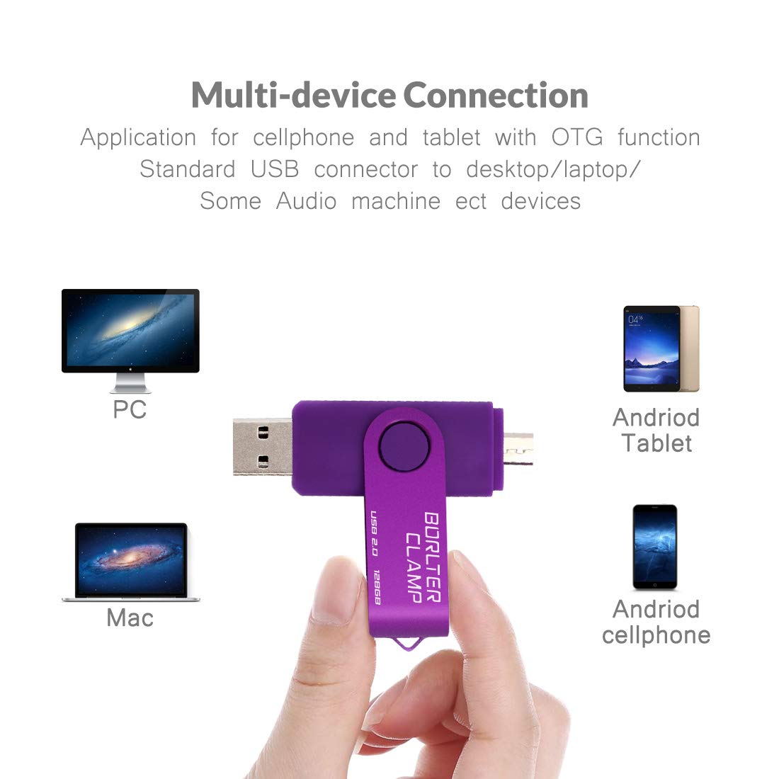 128GB OTG Memory Stick Dual USB Flash Drive, Thumb Drive with Micro USB Drive Port for Android Smartphone Tablet & Computer (Purple) 128GB Purple