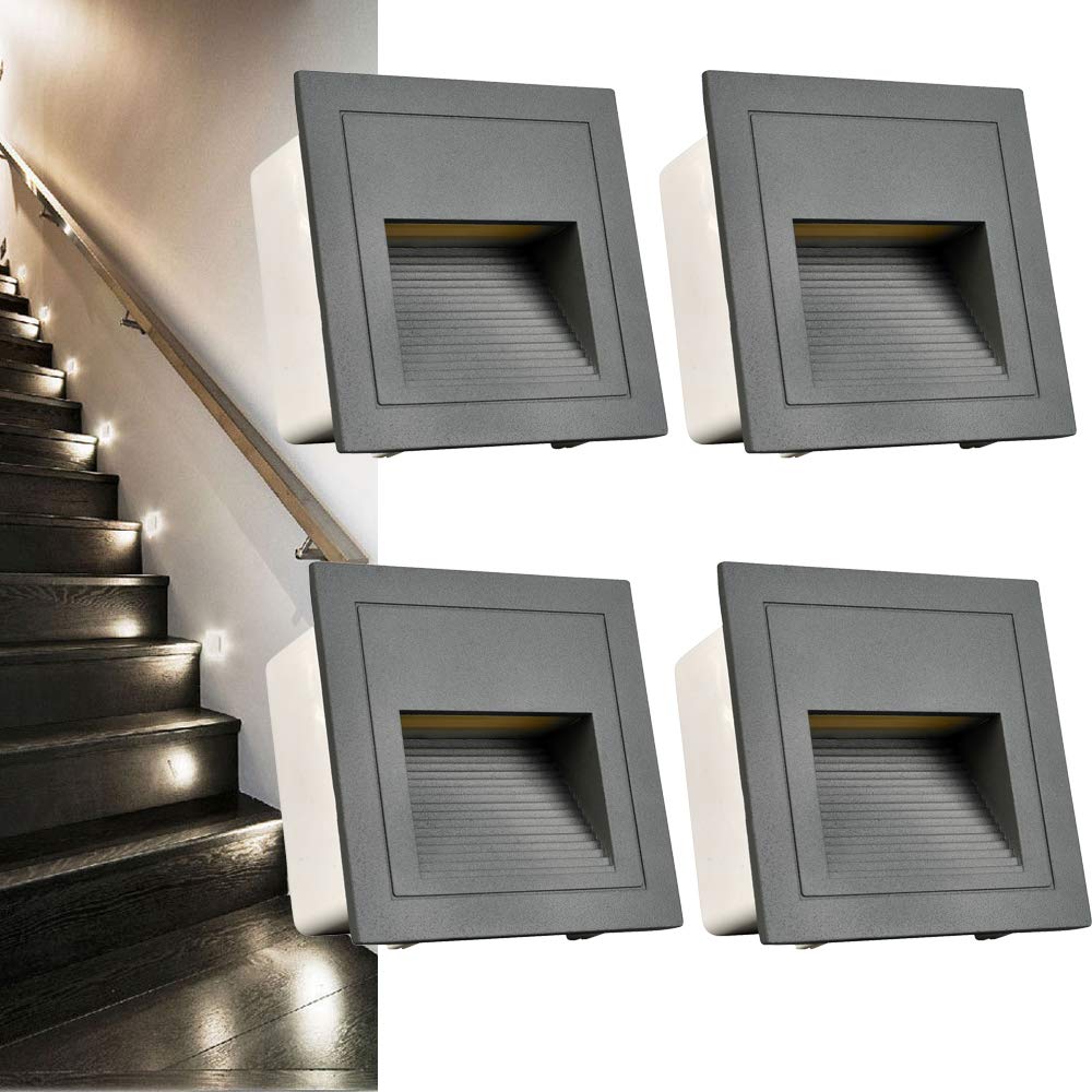 Arotelicht 4pcs/3W Wall Recessed Stair Lights LED,Outdoor IP65 Step Light,Square Cool White Recessed Wall Light,Grey Cover Garden Lighting,Deck Balcony,for Stairs, corridors, Steps, Garden Grey Housing Cool White