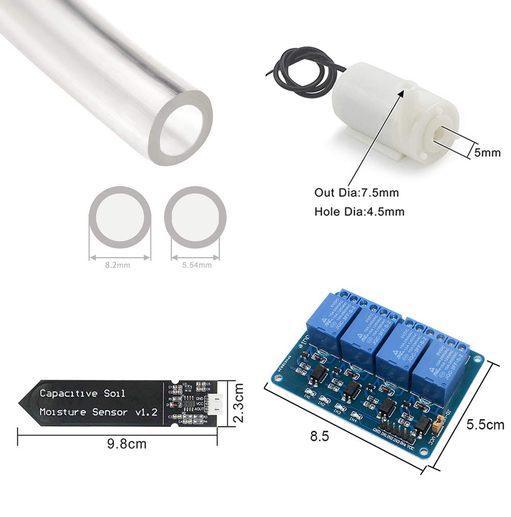 WayinTop Automatic Irrigation DIY Kit Self Watering System with Tutorial, 4pcs Capacitive Soil Moisture Sensor 4Channel 5V Relay Module and 4pcs Water Pump + 4M Vinyl Tubing for Garden Plant Flower