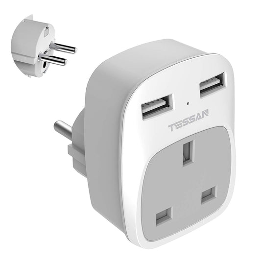 UK to European EU Travel Adapter with 2 USB Ports - TESSAN Power Euro Europe Grounded Plug Adapter for Germany France Iceland Poland Spain Russia and More (Type E F) Not Include Italy Type E/F Germany Gray