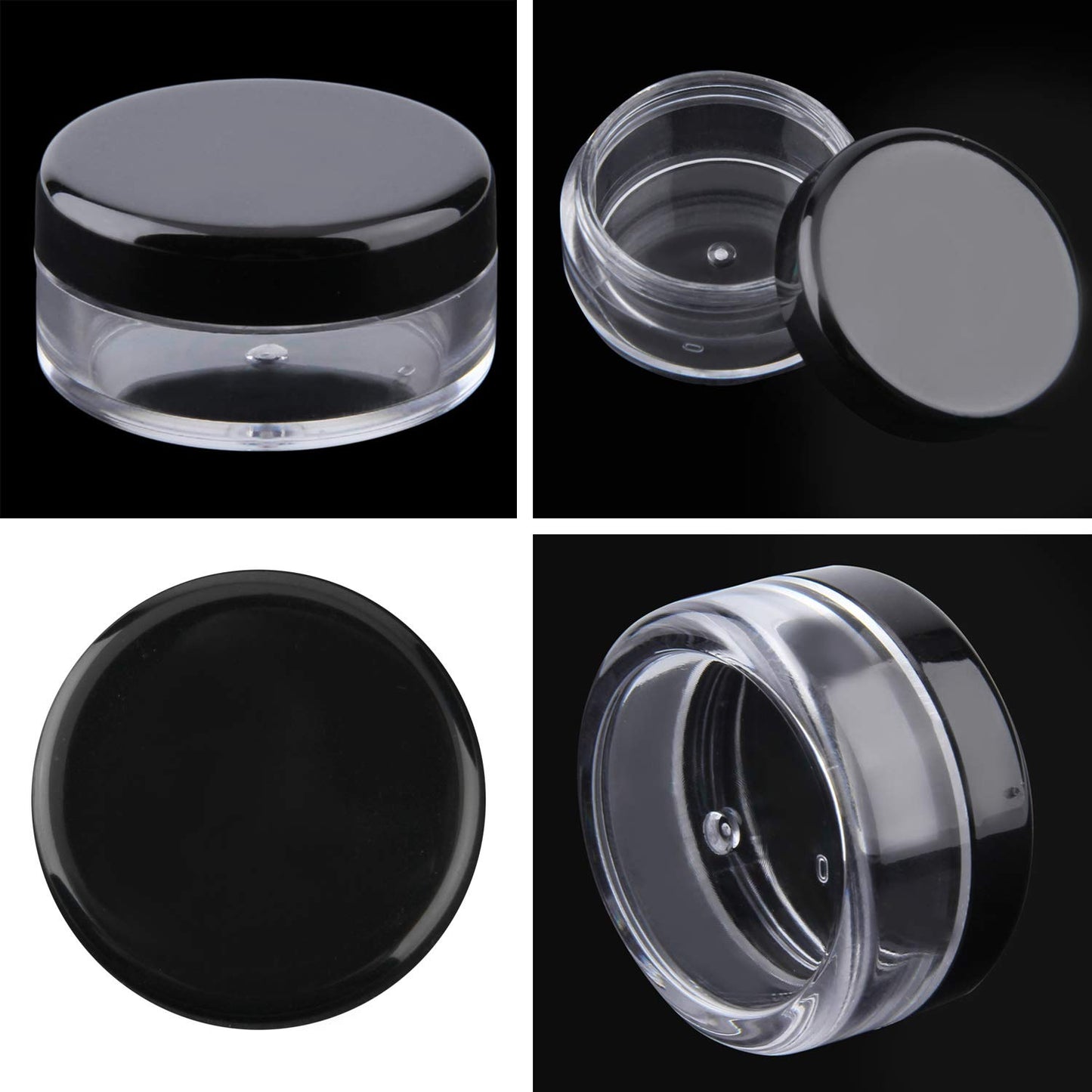 20 Pcs Empty Cosmetics Container Pots Travel Plastic Jars with Black Screw Lids for Cream, Sample, Powder, Makeup Storage (5, 10, 15, 20 Gram), Includes 3 Pack Mini Spatula by Yalbdopo