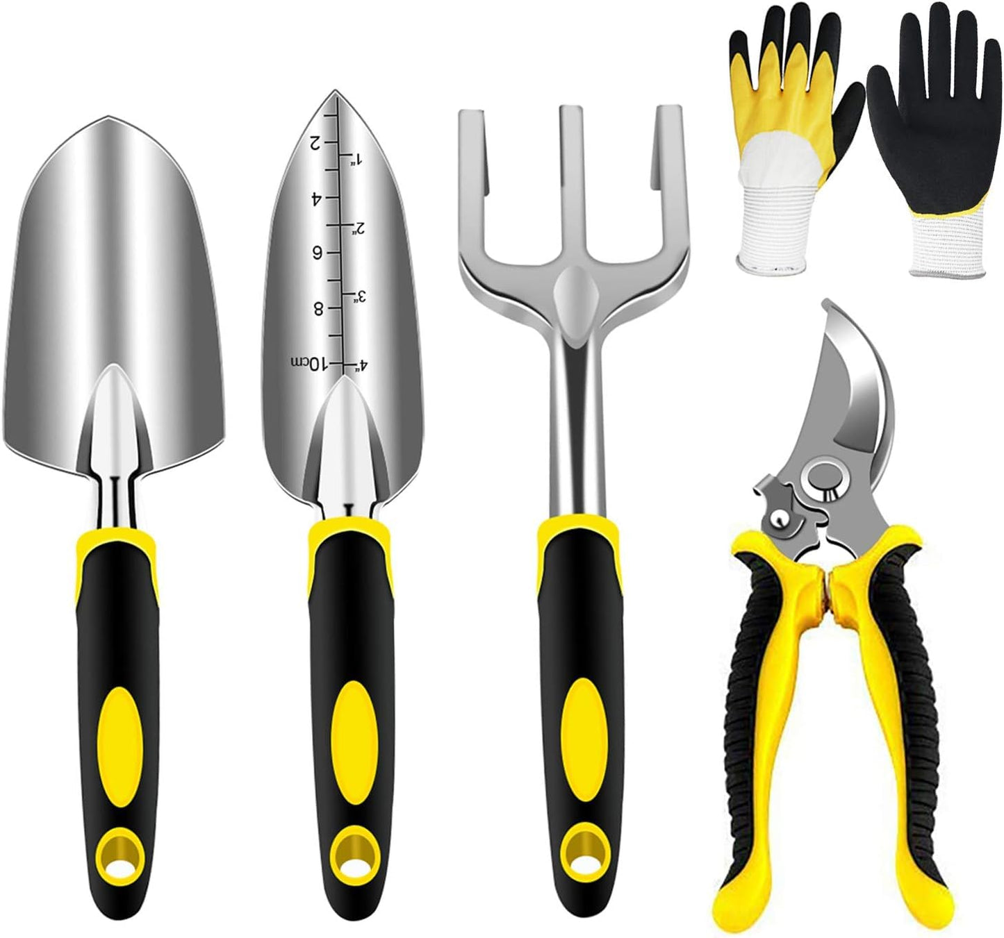 AGAKY Garden Tool Set 5 Piece Aluminum Gardening Tools Kit with Gloves, Pruning Shear, Rake, Shovel & Trowel Heavy Duty Indoor and Outdoor Hand Planting Kit Gardening Gifts for Women & Men, Yellow