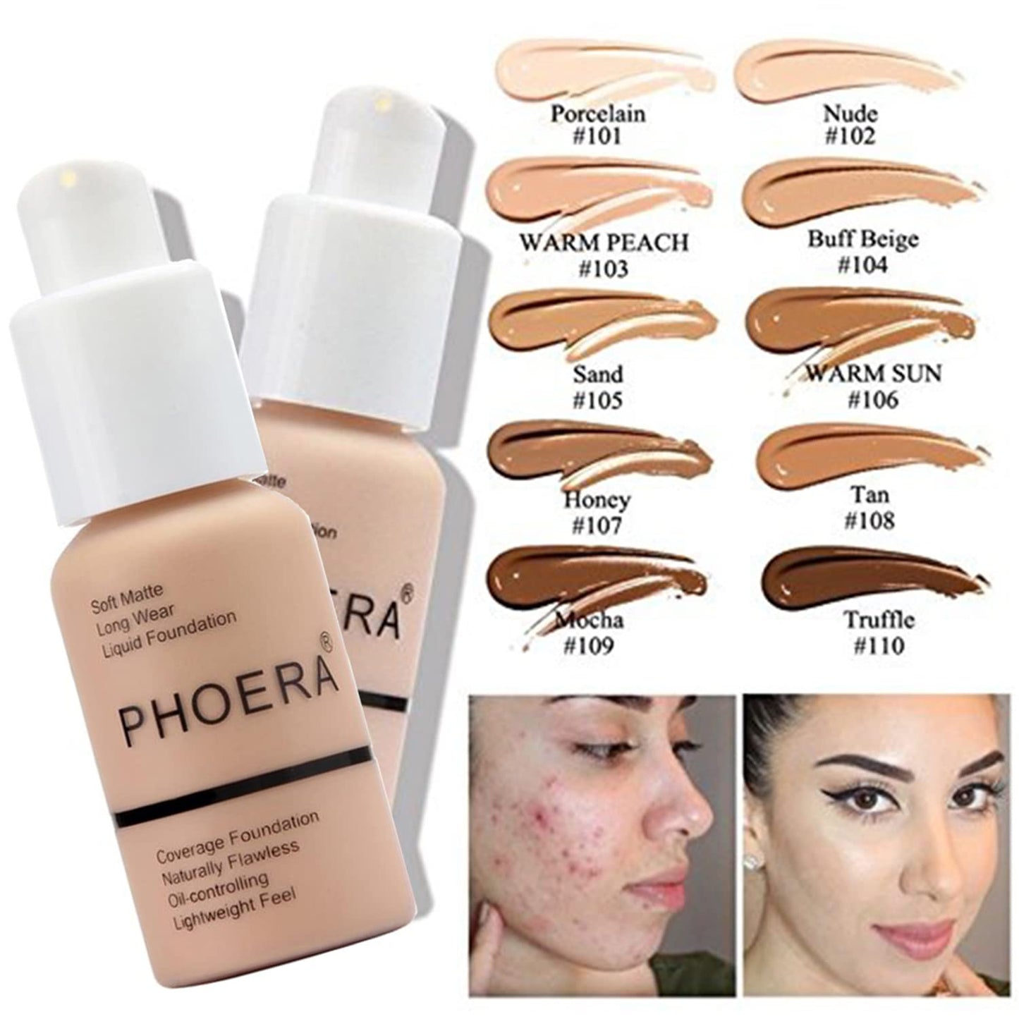 2 PCS PHOERA Foundation Full Coverage Foundation PHOERA Primer,Kabuki Makeup Brushes Foundation Brush Powder Brush,5 Makeup Sponge,30ml PHOERA Matte Oil Control Concealer (102 Nude +104 Buff Beige) 340 g (Pack of 1) 102 Nude +104 Buff Beige