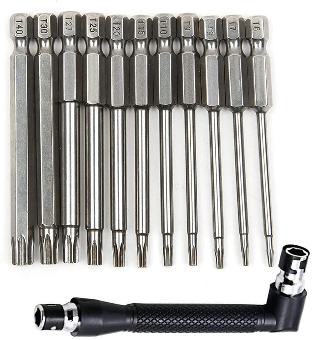 ASelected 11 Pieces 75mm T6-T40 S2 Steel Star Head Security Torx Screwdriver Sets + Angle Screwdriver Bit Holder, Star Screwdriver Bits Torx Security Bit Set with T10 T15 T25 T20 T25 T30 ect.