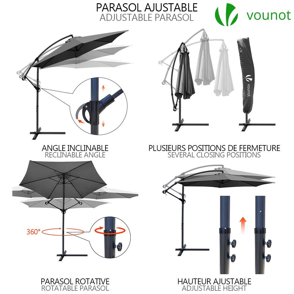 VOUNOT 3m Cantilever Garden Parasol, Banana Patio Umbrella with Crank Handle and Tilt for Outdoor Sun Shade, Grey Classic Solid