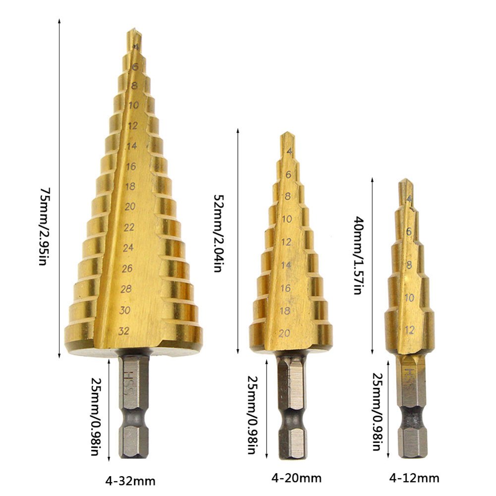 3PCS HSS Step Bits, High Speed Steel Step Drill Bits Set - (4-12mm, 4-20mm and 4-32 mm) Cone Drill Bits Hole Cutter for Wood, Stainless Steel, Sheet Metal