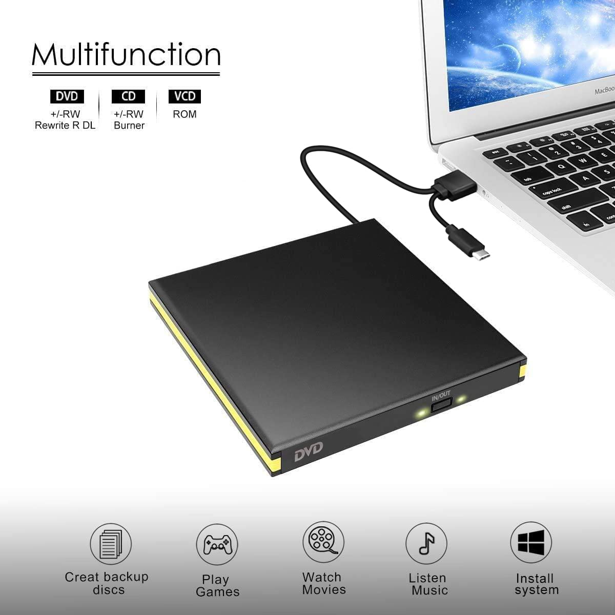 USB 3.0 External DVD Drive, Portable CD DVD Drive Player External CD Burner Reader Writer Disk Drive for Laptop Desktop MacBook Mac OS Windows 10 8 7 XP Vista Drive 002