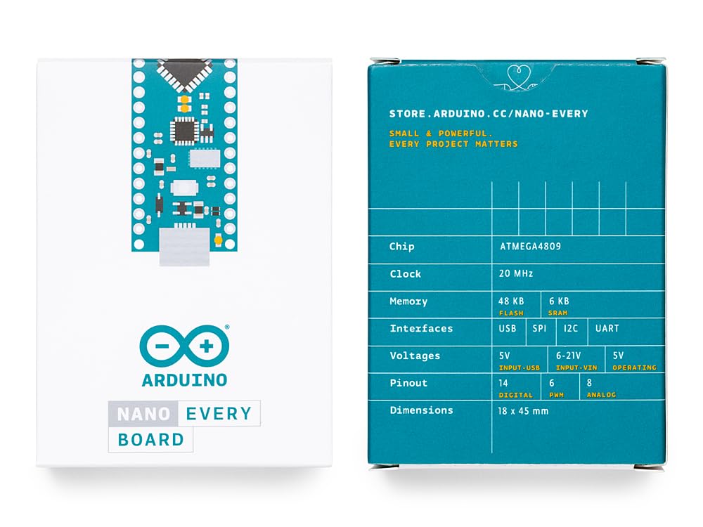 Arduino Nano Every (Single Board) [ABX00028-A] – ATmega4809 Microcontroller, 48KB Flash, 6KB SRAM, 20 Digital I/O Pins, 8 Analog Inputs, USB-C, Compatible with Arduino IDE for Embedded Projects Arduino Nano Every (Single Board)