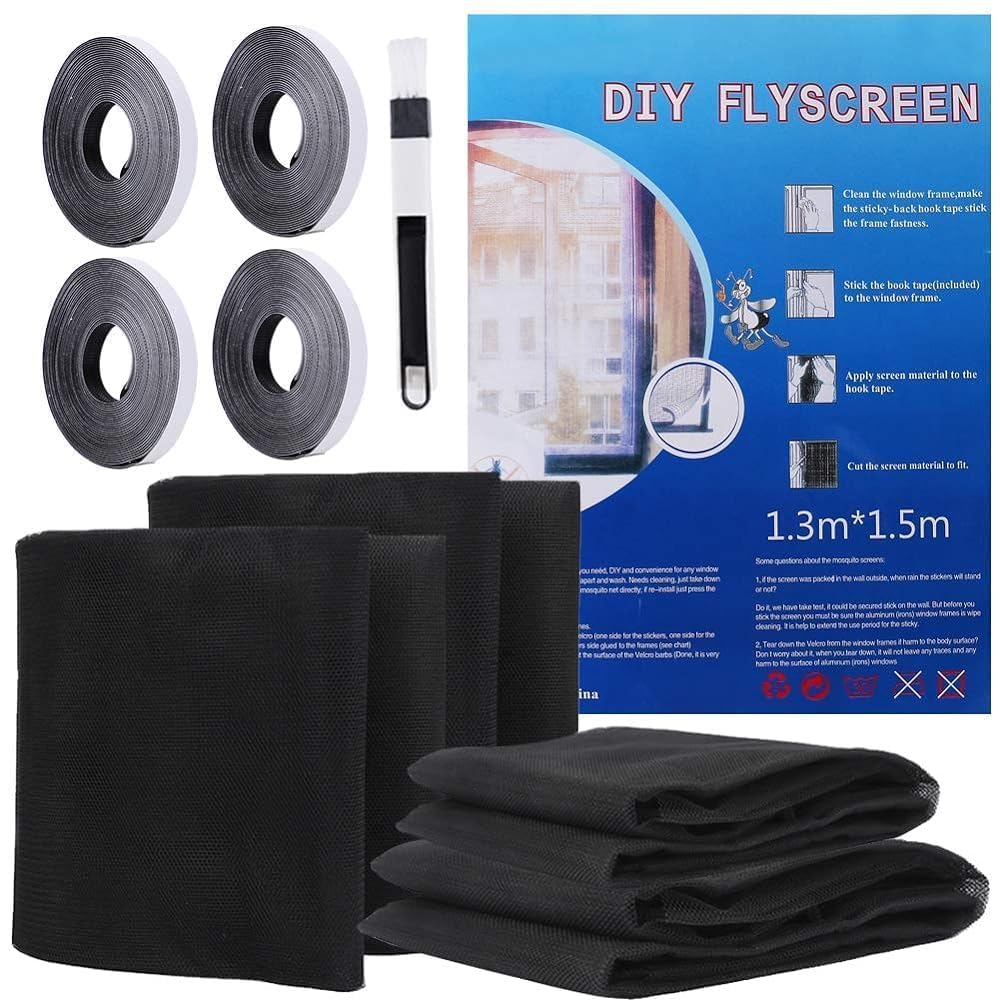 4 Packs Fly Screen for Window, Insect Mesh Window Nets1.3m*1.5m, with 4 Rolls Self-Adhesive Tapes,Cleaning Brush, Black Black-4pcs