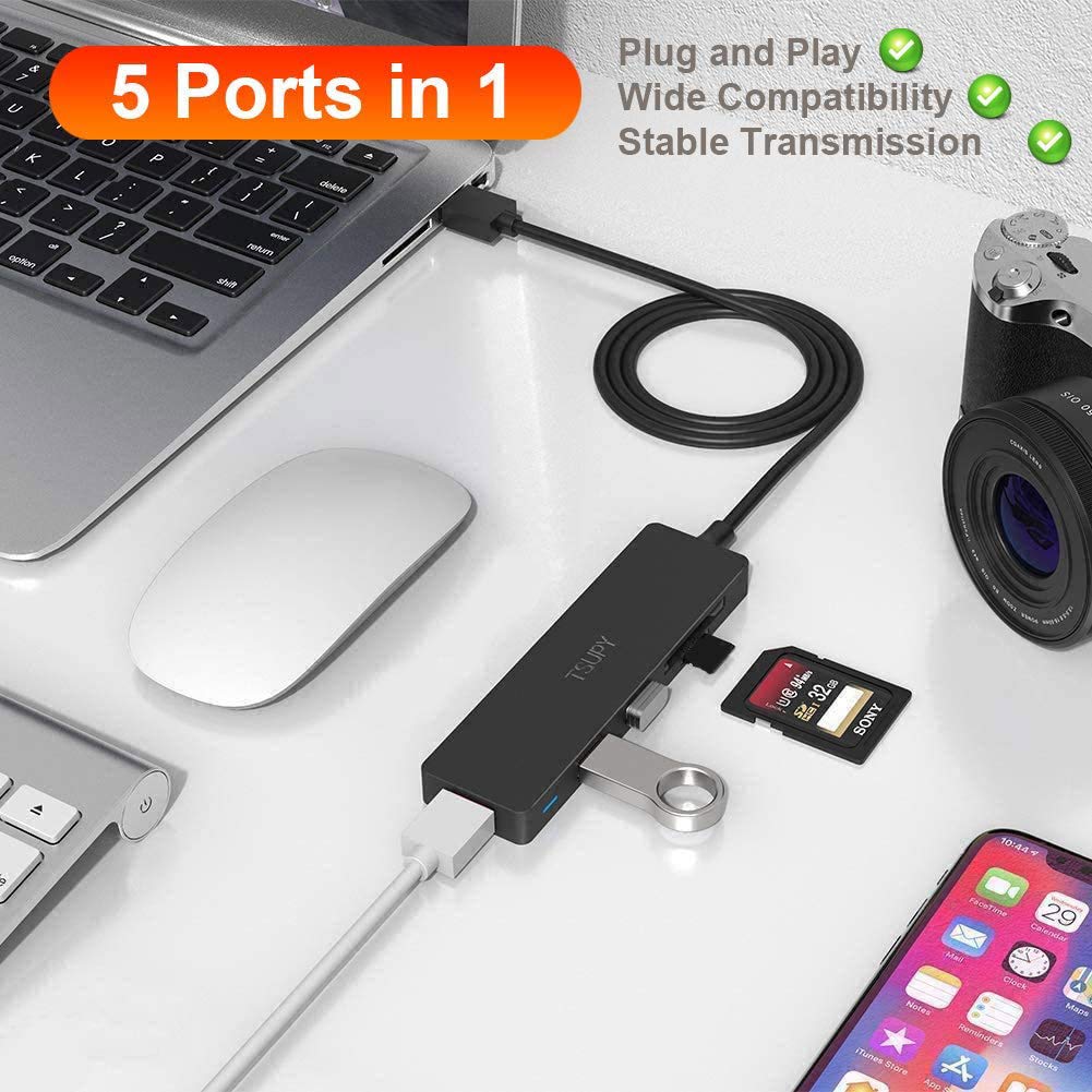 TSUPY USB Hub 3.0, 5 in 1 USB Hub Card Reader with 120cm Extension Cable, 3 x USB 3.0 Ports + SD/TF Card Reader USB Extender Hub for PC, Laptop, Flash Drives, PS4, HDD and More 1.2M câble