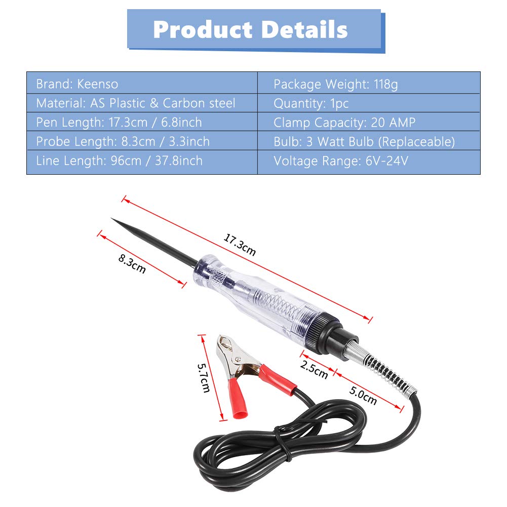 6V/24V Electrical Circuit Tester, Car Circuit Tester Screwdriver Electrical Circuit Continuity Tester Power Probe Long Probe with Crocodile Clip & Indicator Light, Wire Length: 96cm