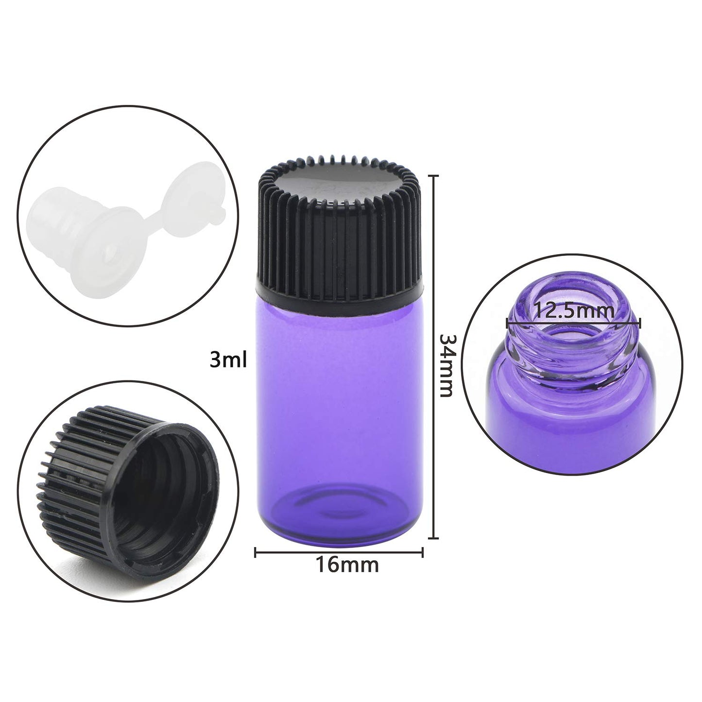 Unxuey 20Pack Portable Mini Glass Sample Vials Bottle with Orifice Reducer Black Screws Cap Essential Oils Diffuser Jar for Perfume Water Tea Oils Sample Display Purple