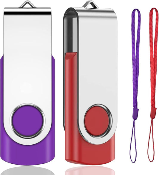 128GB USB Memory Stick 2 PACK USB 2.0 Flash Drive Pen Drive Swivel Design Photo USB Sticks Fold Storage (Red/Purple With Lanyard) 128GB B-2