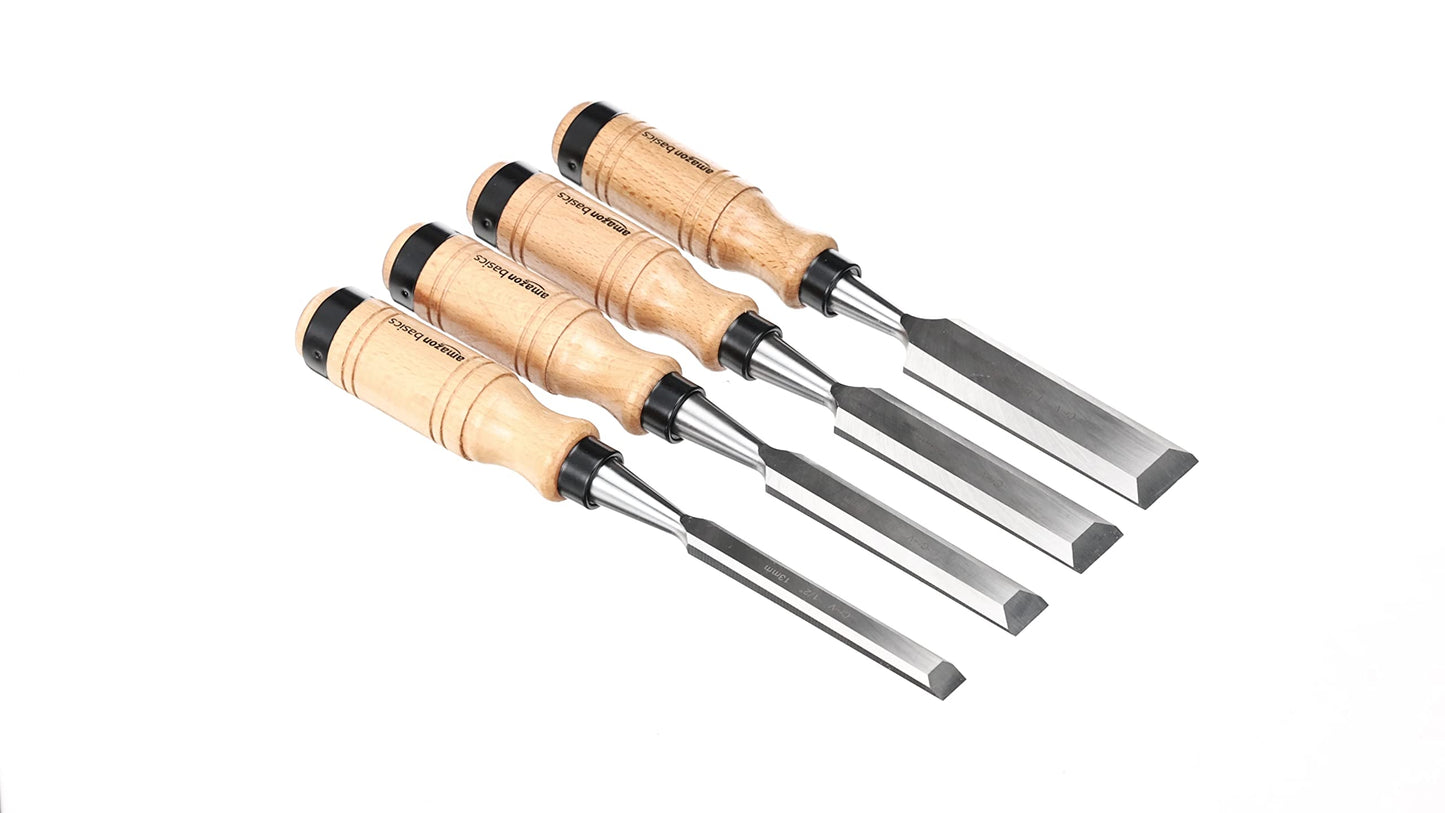 Amazon Basics 4-Piece Sturdy Chrome Vanadium Steel Woodworking Wood Chisel Set – 1/2 Inch (13mm) to 1-1/4 Inch (32mm), Wooden Handles with Carry Pouch 1/2" - 1.25"