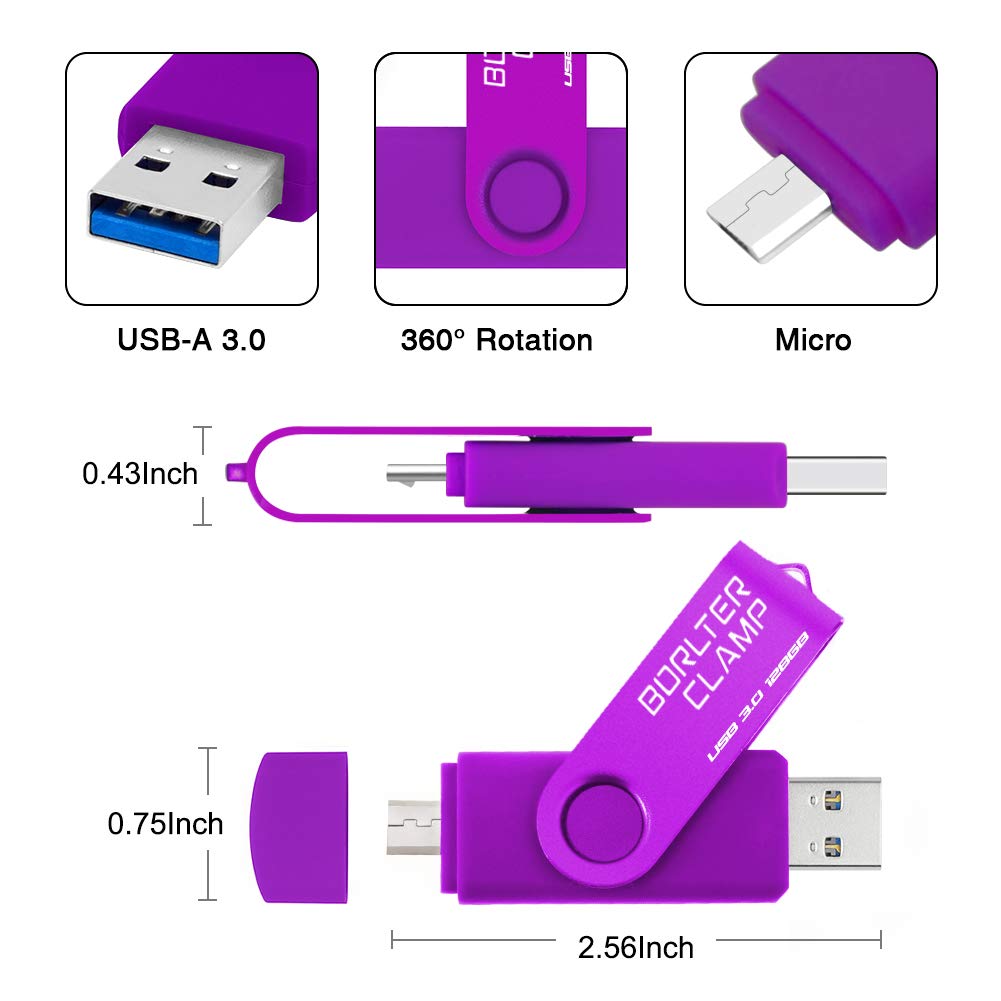 128GB Dual USB 3.0 Flash Drive OTG Memory Stick, Pendrive with microUSB Drive for Android Phone, Tablet and Computer (Purple) 128GB Purple