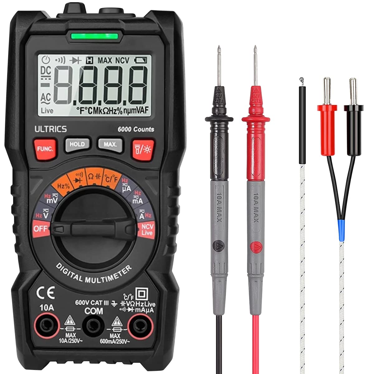 ULTRICS Digital Multimeter, Auto Ranging Multi Tester Voltmeter Ammeter Ohmmeter TRMS 6000 Counts, Test Meter with Leads, Backlit LCD Measures OHM AC/DC Voltage Current Resistance Continuity Diode