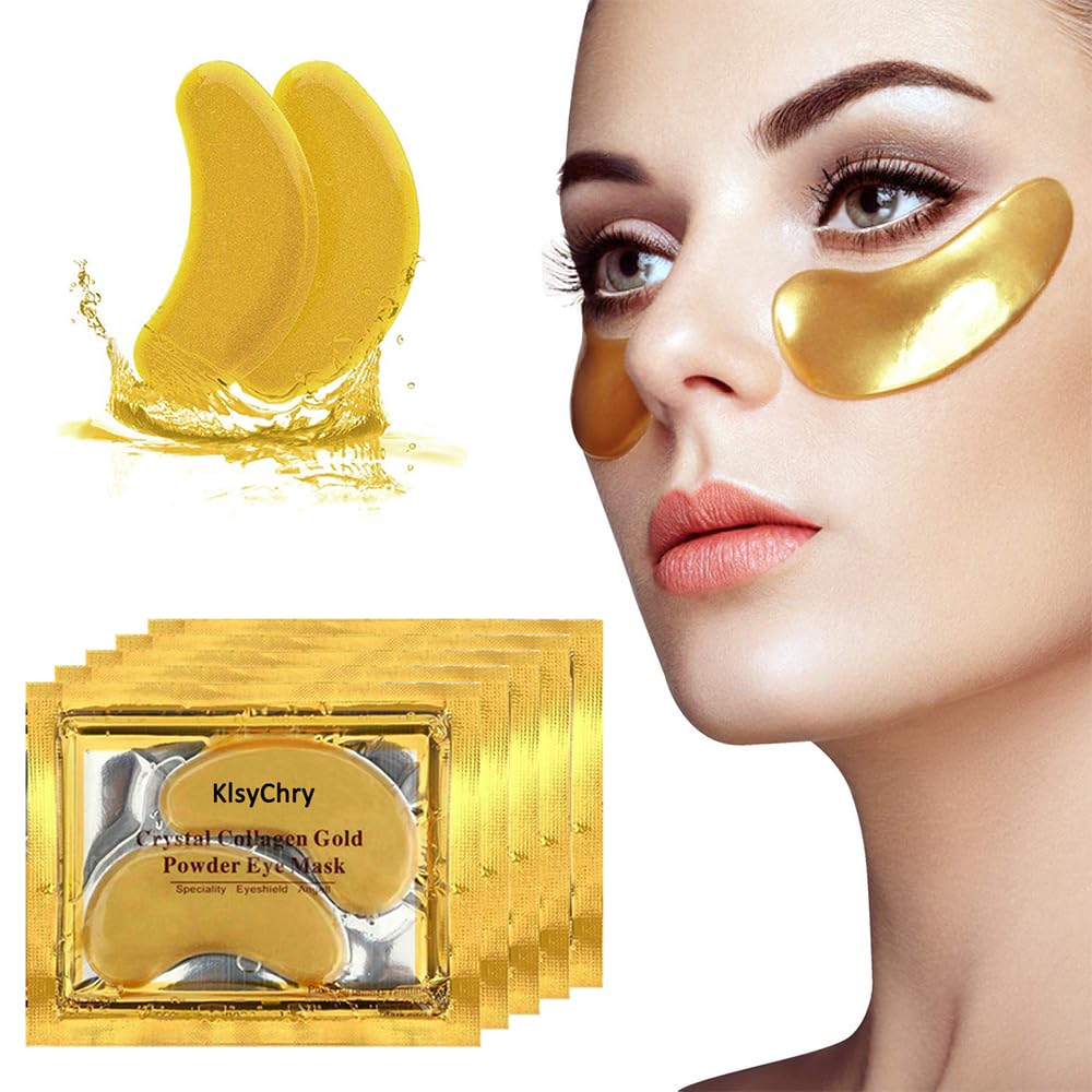 24K Gold Gel Crystal Collagen Lip and Eye Masks - 5 Pairs Gold Eye Mask & 5 Pcs Gold Lip Mask, Anti Aging Eye and Lip Mask Patches Set