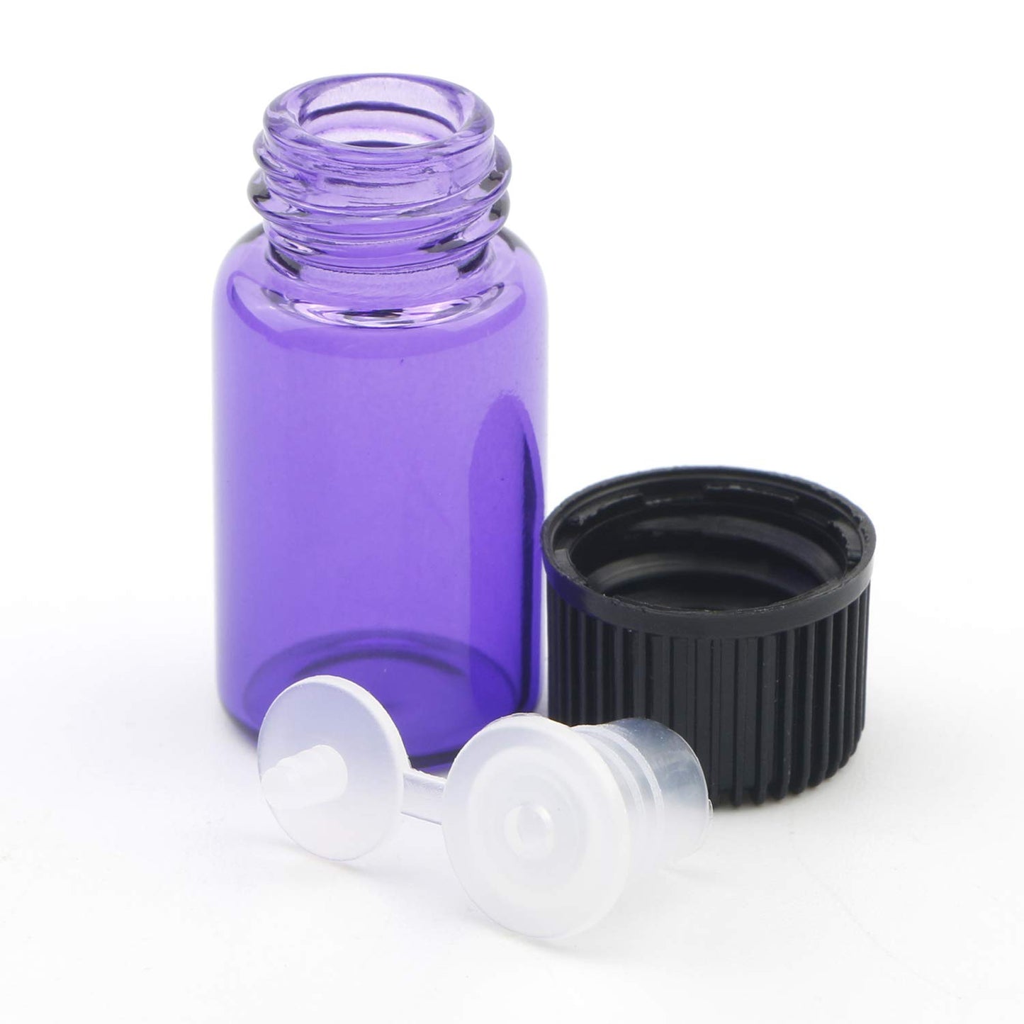 Unxuey 20Pack Portable Mini Glass Sample Vials Bottle with Orifice Reducer Black Screws Cap Essential Oils Diffuser Jar for Perfume Water Tea Oils Sample Display Purple