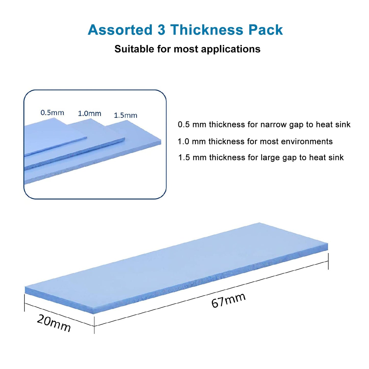 ADWITS 9 Pack Assorted Thickness 0.5 1.0 1.5 mm Thermal Conductive Silicone Pads with 6.0 W/mk Thermal Conductivity, Soft Safe Simple to Apply for SSD CPU GPU LED IC Chipset Cooling -Blue 0,5+1,0+1,5mm d'épaisseur