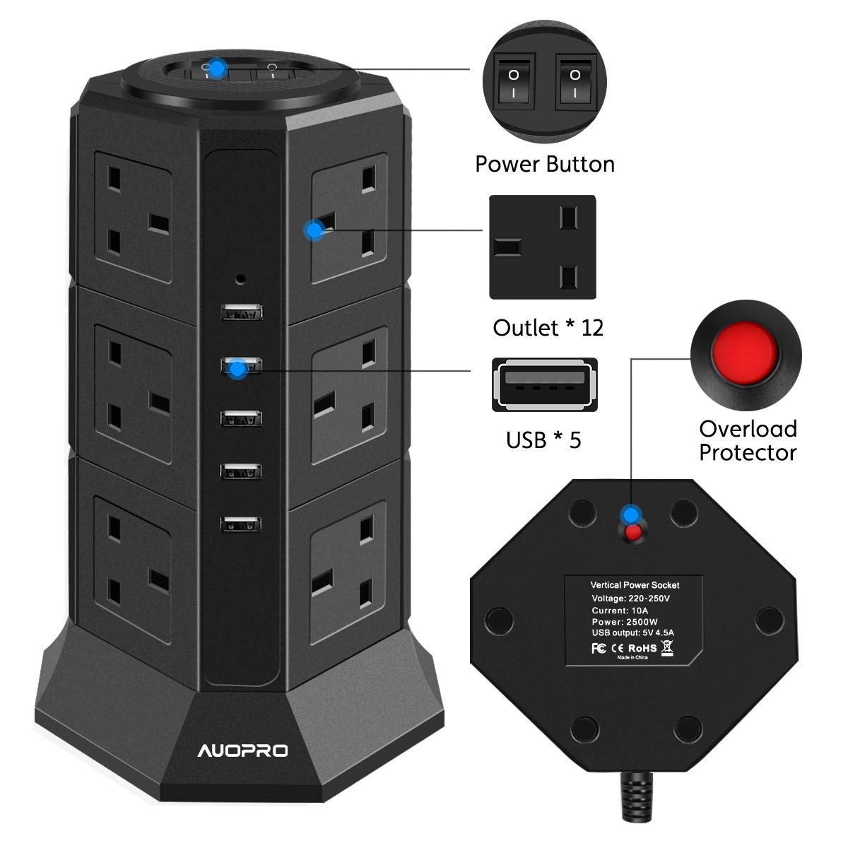 AUOPRO Surge Protector Extension Lead with USB Slots, Vertical Tower Power Strip Switched Desktop Charging Station, 12 Socket and 5 USB Slots, 2 Metre Extension Cable