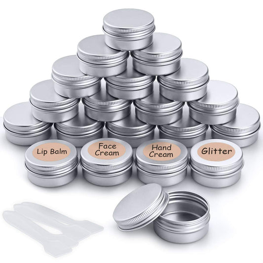 20pcs Empty Cosmetics Container Pots Aluminium Tin Jars with Screw Lids, Labels and Mini Spatula for Cream, Sample, Powder, Makeup Storage (20ml) Silver