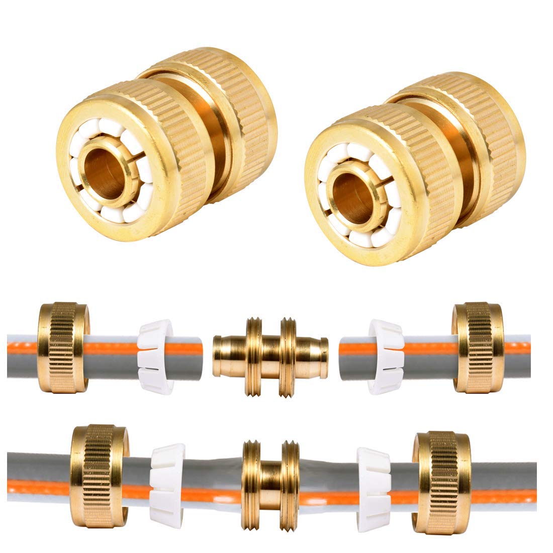 2 pc Brass Hose Repair Connector- Graden Hose Pipe Quick Fix Extend Connector Quick Repair Damaged Leaky Adapter Garden Water Irrigation Connector For 1/2" Hose Pipe 1/2"Repair Connector