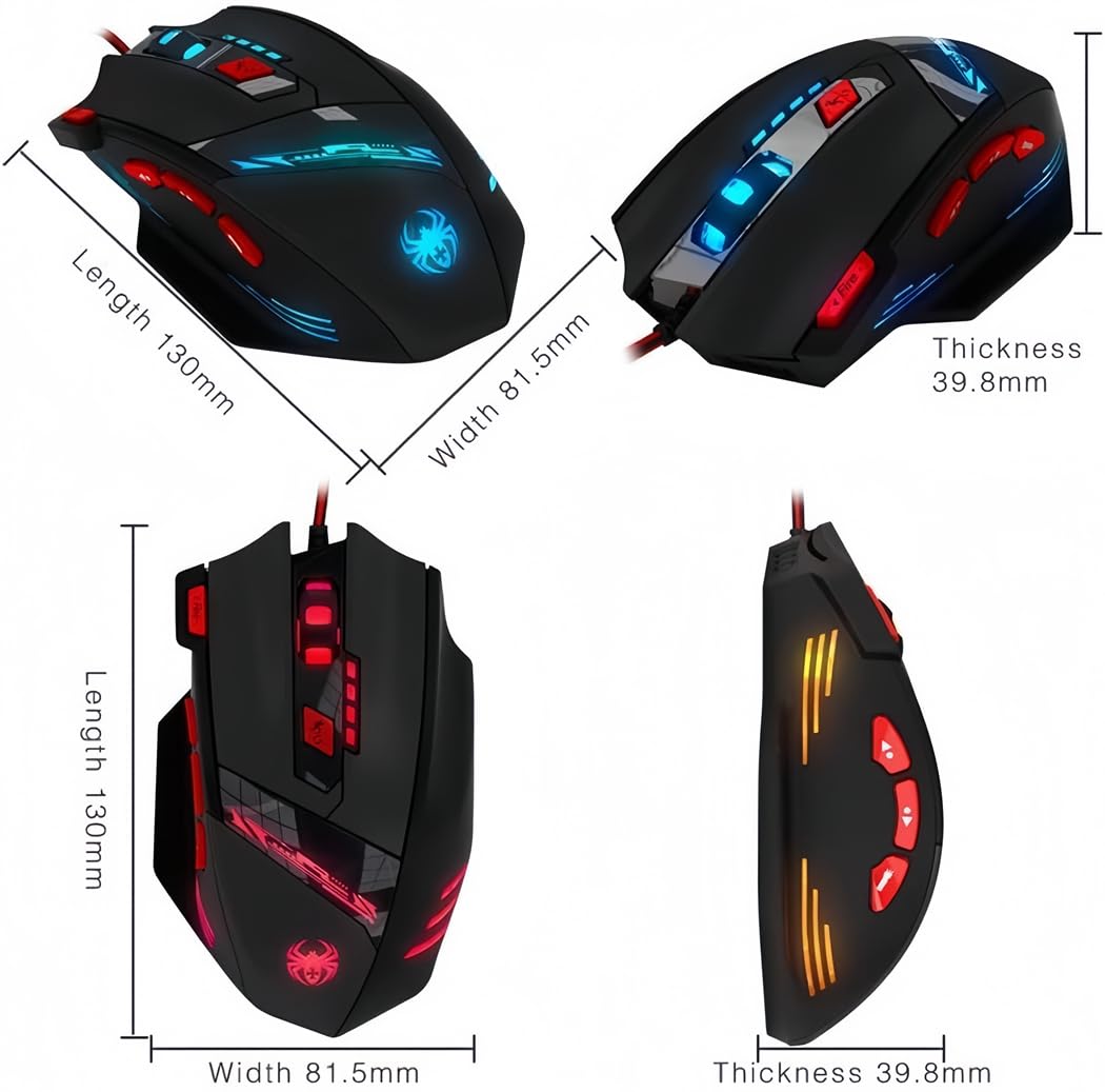 zelotes T90 Gaming Mouse 9200 DPI, 8 Programmable Buttons Multi-Modes LED lights USB Gaming Mice, Weight Tuning for Laptop, Desktop, PC, Macbook - Black