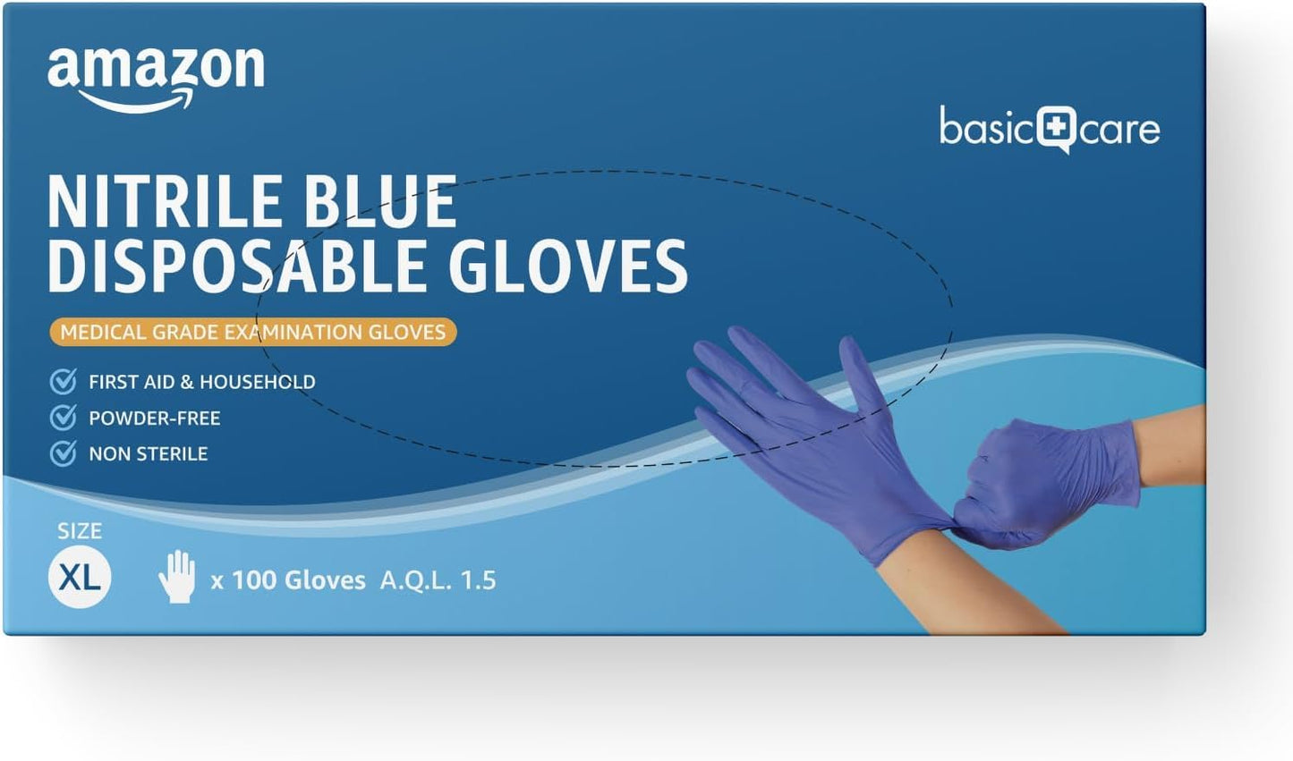 Amazon Basic Care Nitrile Blue Disposable Gloves, Powder-free, Size XL, 100 Count (Previously Hevea Brand)